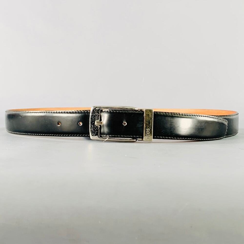 TOD'S Size 38 Black Silver Leather Belt